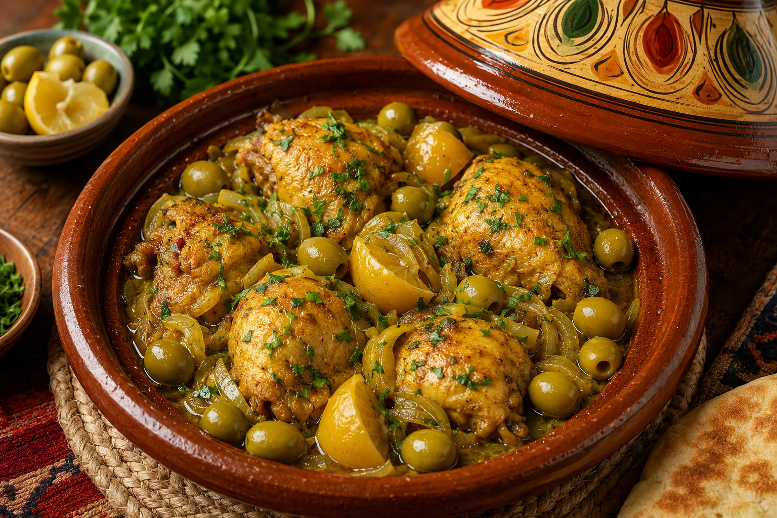 Tajine de poulet au citron confit et olives